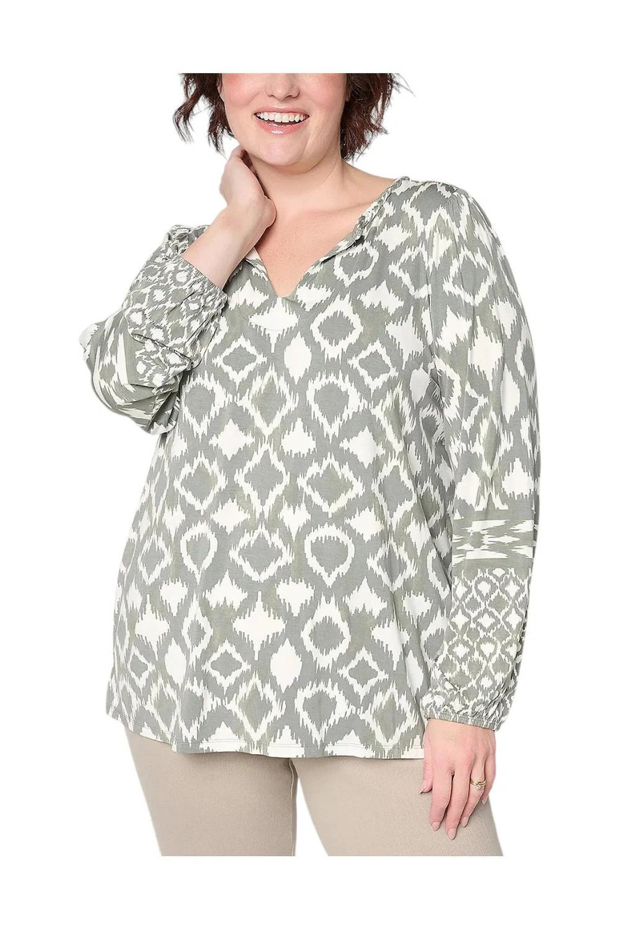 Belle by Kim Gravel Women's Dyed Geometry Split Neck Top Desert Sage - Regular
